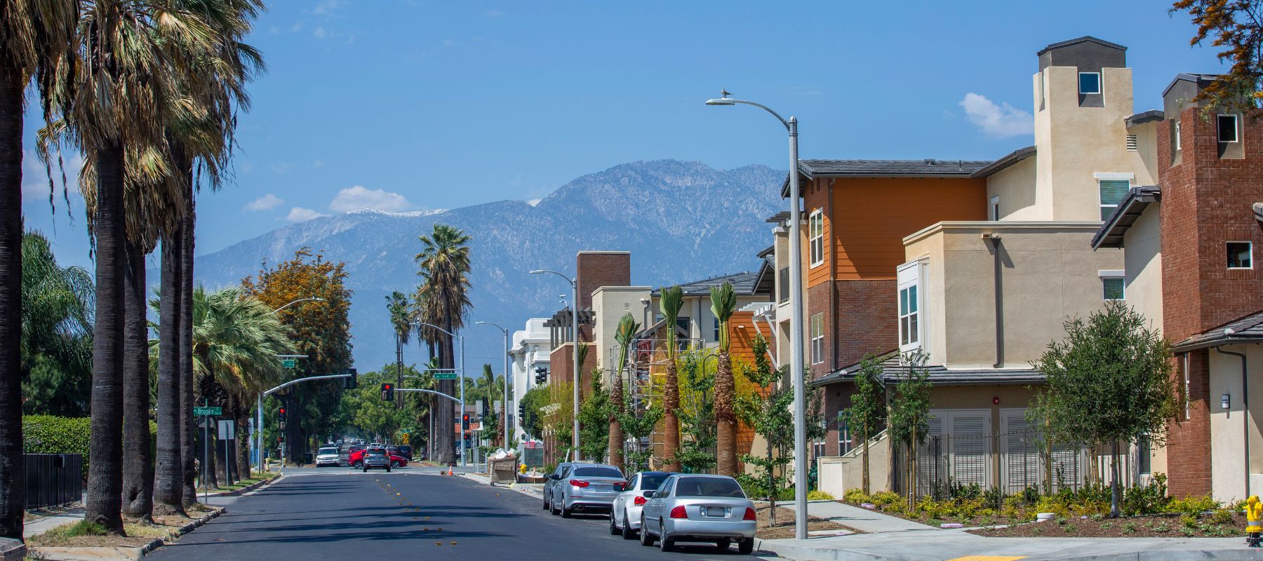 A suburban street lined with palm trees and modern townhouses, with parked cars along the curb. In the background, tall mountains rise under a clear blue sky.
